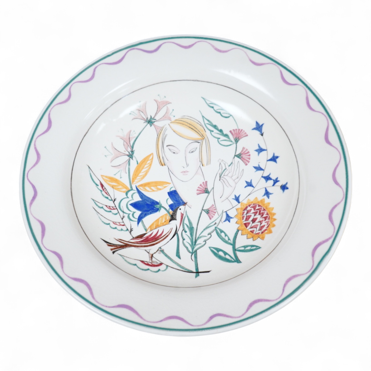 Olive Bourne for Poole pottery ‘sugar for the birds’, a large dish, stamped to the base, 38cm in diameter